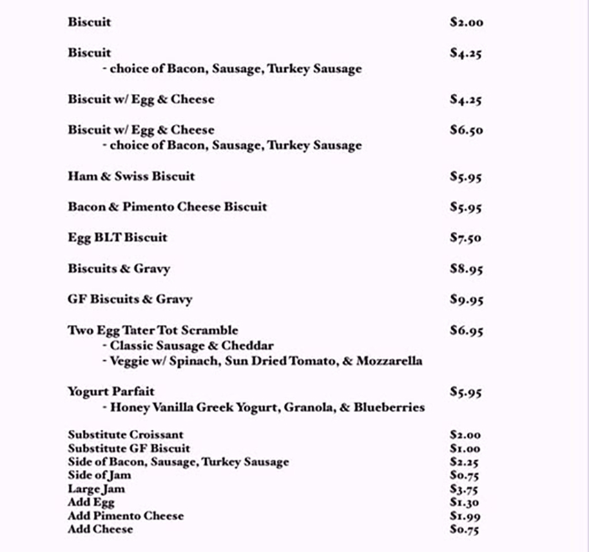 breakfast menu